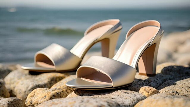 Closeup of a pair of chic and simple mules, perfect for a beach wedding or a fancy dinner by the seashore. The mules have a block heel and are made of soft leather in a neutral color, allowing