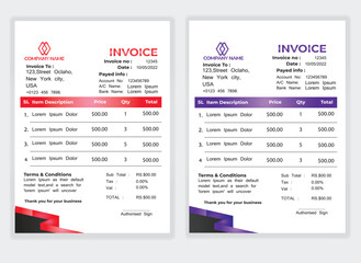 Business Minimal Corporate Invoice design template vector illustration bill form price . Creative template and stationery design payment agreement design template Cash Memo, Vector Quotation Design