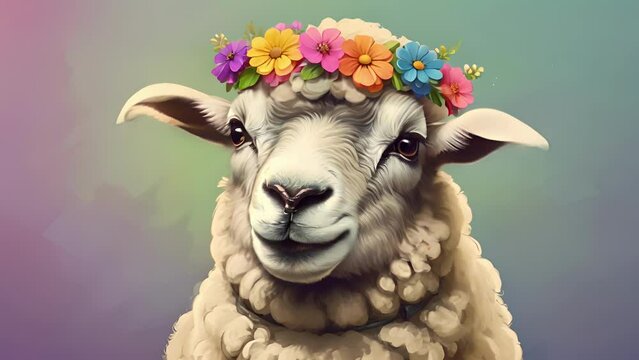 A e cartoon sheep with a happy expression, wearing a colorful flower crown. .