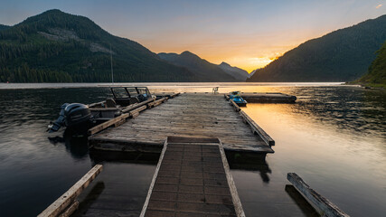 Dock on Machalat Lake on Vancouver Island, British Columbia, Canada.