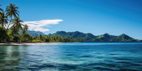 Beautiful Fiji tropical beach and clear blue and green water, with palm trees, beautiful nature photography