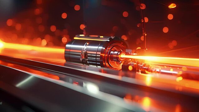 Closeup of high energy laser beams hitting a tiny target filled with deuterium, a crucial step in producing tritium for fusion reactions.