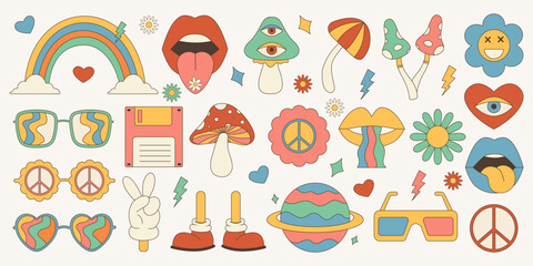 Vector collage of retro 70s design elements. Cartoon groovy mushrooms, hearts, lips, rainbow, daisy flowers, planet, sunglasses. Vector illustration