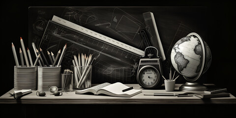 a pen and a notebook on a table with a jar Detective supplies standing on wooden table magnifying glass books