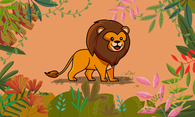 Cute cartoon lion with plants, floral on background vector illustration design.