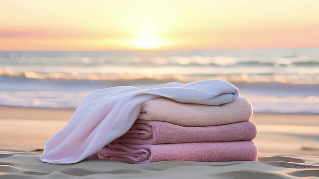 A dreamy view of a beach towels pastel hues, harmonizing with the soft pinks and purples of a stunning sea sunset in the background.