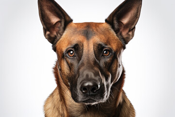 Belgian Malinois dog close-up portrait on a white background.