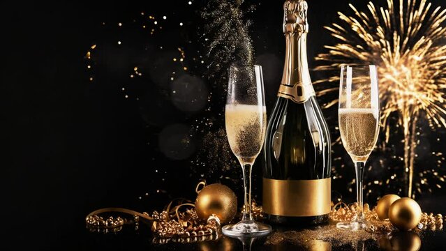 new year celebration 2024 , 2025 , 2026 animation fireworks , champagne glasses