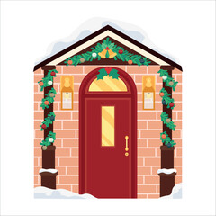Front door decorated for Christmas celebration on white background