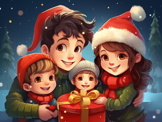 Fototapeta na wymiar Children in the atmosphere of Christmas holiday in the style of drawn cartoons. Cheerful children with Christmas presents near Christmas tree at home. In 2D cartoon style.