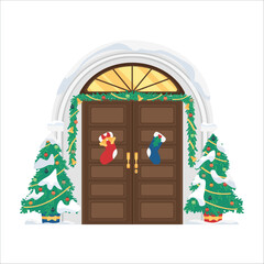 Front door decorated for Christmas celebration on white background