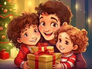 Children in the atmosphere of Christmas holiday in the style of drawn cartoons. Cheerful children with Christmas presents near Christmas tree at home. In 2D cartoon style.