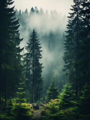 foggy forest nature landscape with tall trees