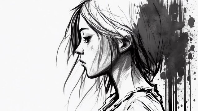 sketch animation of side profile of sad and depressed looking woman. mental health concept. animation loop.