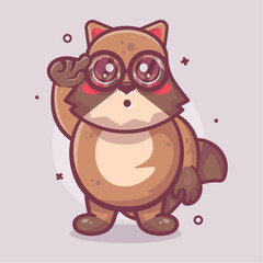 nerd raccoon animal character mascot with thinking expression isolated cartoon in flat style design
