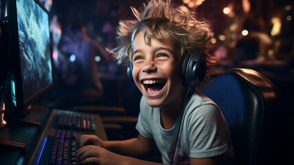 funny smiling Boy enjoying computer game - obrazy, fototapety, plakaty