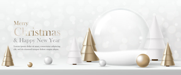 3D Vector Merry Christmas product display podium banner. Empty glass snow ball with gold tree on white background. Luxury modern minimal style, decoration party, promotion sale, social media post