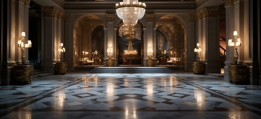 Dimly lit room showcasing a marble floor with an elegant, symmetrical layout - obrazy, fototapety, plakaty