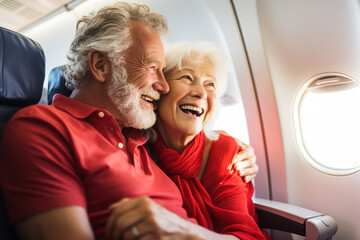 Senior couple on an airplane ready for vacation