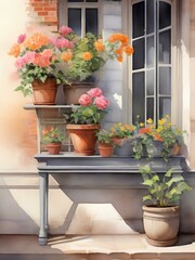 flowers in pots on a sill generative AI