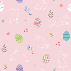 Cute hand drawn Easter seamless pattern with bunnies, flowers, easter eggs. Beautiful background, great for Easter Cards, banner, textiles, wallpapers, gift wrapping paper