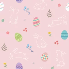 Foto op Aluminium Cute hand drawn Easter seamless pattern with bunnies, flowers, easter eggs. Beautiful background, great for Easter Cards, banner, textiles, wallpapers, gift wrapping paper © Safyna