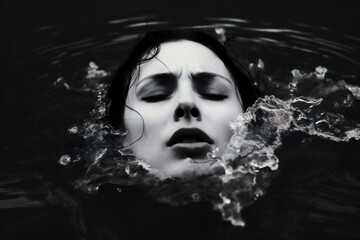 Portrait of young woman in water. Black and white photo.