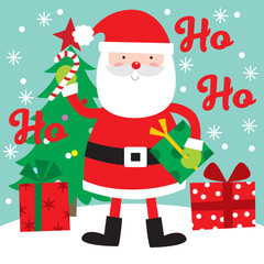 Cute Santa Claus bring a gift and Christmas Tree