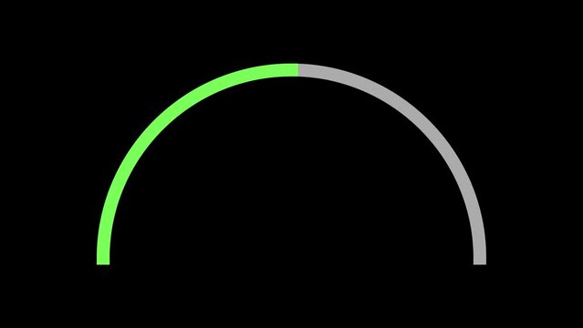 Semicircular indicator that transitions its color from green to red in 10 seconds on black background. Battery charging and discharging, meters and instrument concept. 4K Motion Graphics.