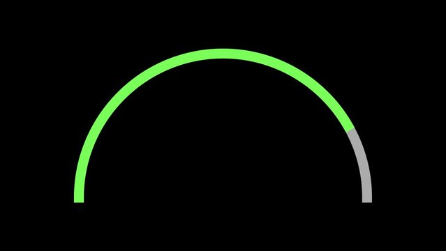 Semicircular indicator that transitions its color from green to red in 30 seconds on black background. Battery charging and discharging, meters and instrument concept. 4K Motion Graphics.