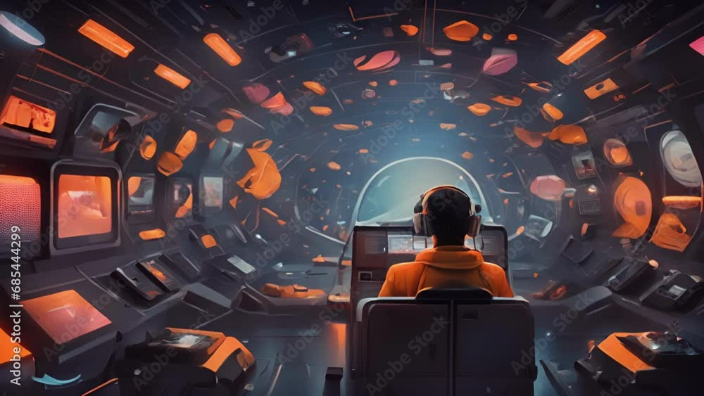 Aufkleber minimal flat motion of a person in a spaceship, with screens surrounding them, showcasing an infinit