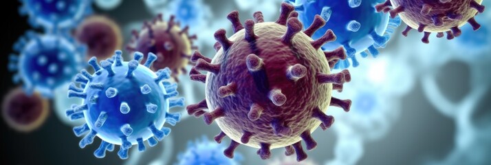 Coronaviruses floating seen in a microscope - obrazy, fototapety, plakaty