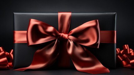 black gift card with red ribbon and bow isolated over black