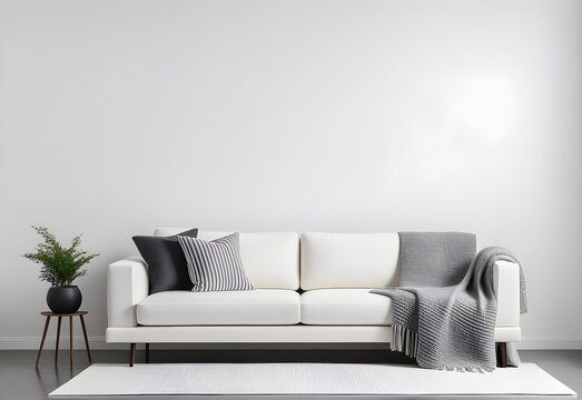 Single white sofa with pillows and blanket against blank wall with copy space. Minimalist home interior design of modern living room.