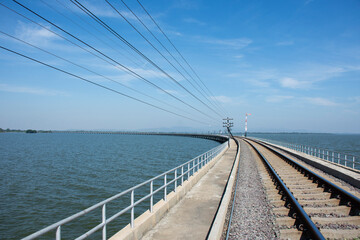 View landscape reservoir and track railway floating in Khuean Pasak Chonlasit Dam for train cross Pa Sak Jolasid dam send receive thai people travelers travel visit at Khok Salung in Lopburi, Thailand