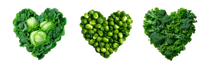 Cabbage, Brussel sprouts and kale in heart shapes on white transparent background