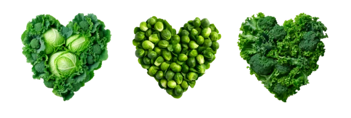 Poster Cabbage, Brussel sprouts and kale in heart shapes on white transparent background © Pajaros Volando