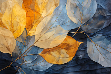 Grunge gold leaves tree branch on blue, teal textured background. Golden, cold colors nature plant...