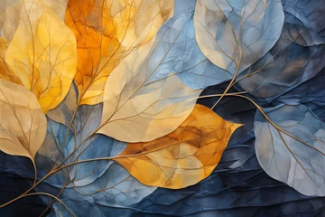 Foto op Plexiglas Grunge gold leaves tree branch on blue, teal textured background. Golden, cold colors nature plant art backdrop. Autumn, fall yellow leaf overlay art painting.  Floral web mobile illustration by Vita © Vita