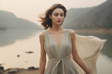 Fototapeta na wymiar A young woman emanates timeless elegance, standing gracefully in a flowing monochrome dress blending cream and dove-gray hues. The serene nature-inspired backdrop enhances the scene's beauty 