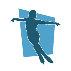 Silhouette of a slim female ice skate gymnastic dancer in action pose.