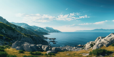 Landscape panorama - mountains and sea shore, lakes and dramatic clouds, nature photography