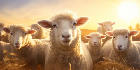 Fototapeta premium a group of sheep looking into the sun, generative AI