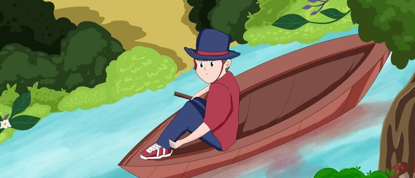 barge boat along the river in the forest Animation