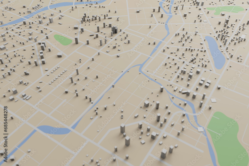 Poster 3d rendering city map illustration of a city map created using 3d modeling. top view of urban map wi
