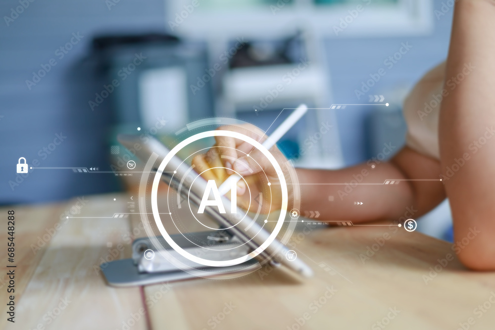 Poster hand of woman using digital pencil write to tablet with head-up display interface icons design eleme