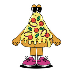 Retro vintage cartoon character Pizza. Cute mascot with psychedelic smile and emotion. Funky vector illustration in groovy style