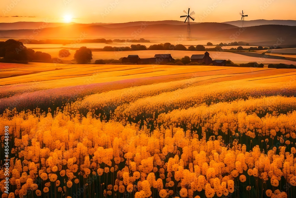 Wall mural sunset in the field near two windmills