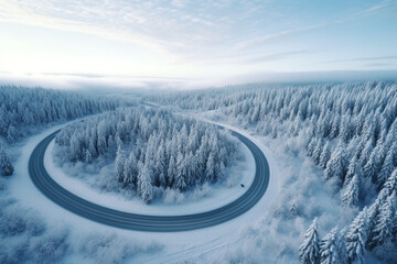 Fototapeta na wymiar Top view of curved road with snow covering on trees in winter season