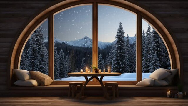 Wooden windows overlooking winter forest with a view of falling snow. Beautiful winter landscape with falling snow. Seamless looping video background animation. Generated with AI